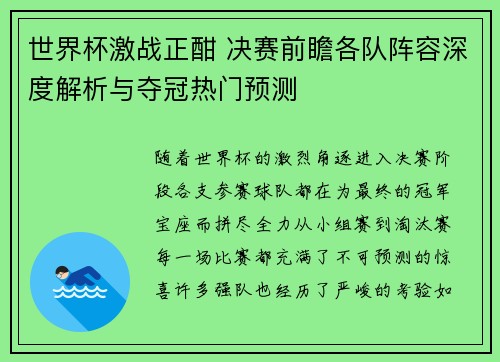 世界杯激战正酣 决赛前瞻各队阵容深度解析与夺冠热门预测