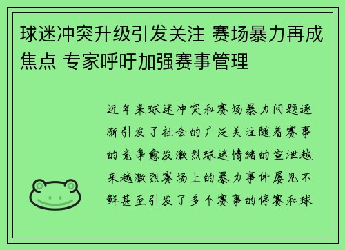 球迷冲突升级引发关注 赛场暴力再成焦点 专家呼吁加强赛事管理