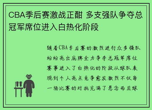 CBA季后赛激战正酣 多支强队争夺总冠军席位进入白热化阶段