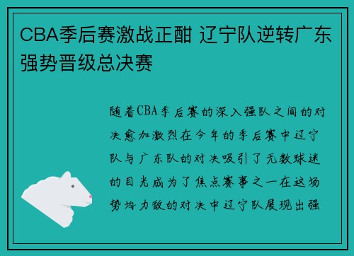 CBA季后赛激战正酣 辽宁队逆转广东强势晋级总决赛