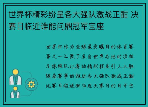 世界杯精彩纷呈各大强队激战正酣 决赛日临近谁能问鼎冠军宝座