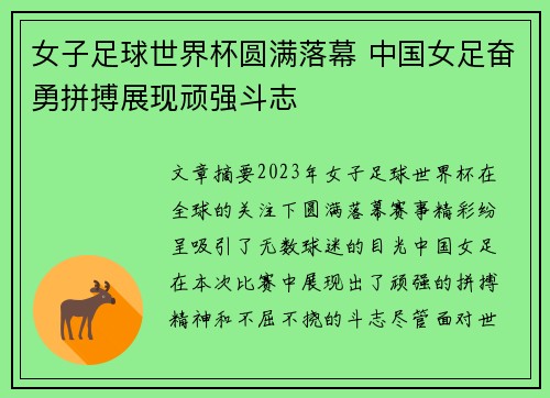 女子足球世界杯圆满落幕 中国女足奋勇拼搏展现顽强斗志