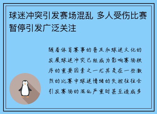 球迷冲突引发赛场混乱 多人受伤比赛暂停引发广泛关注
