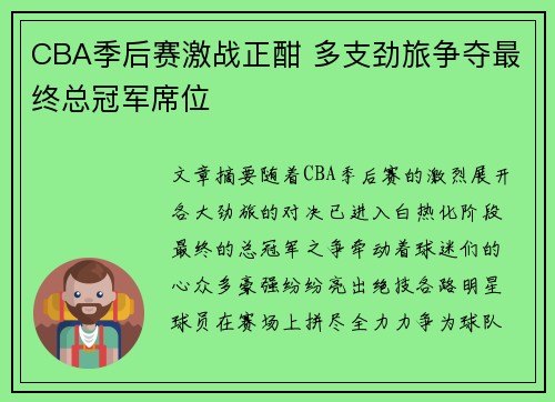CBA季后赛激战正酣 多支劲旅争夺最终总冠军席位